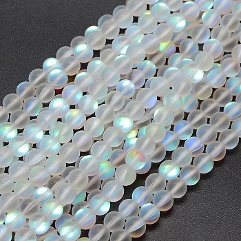 Synthetic Moonstone Beads Strands, Holographic Beads, Half AB Color Plated, Frosted, Round, White, 10mm, Hole: 1mm, about 37pcs/strand, 15 inch