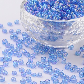(Repacking Service Available) Round Glass Seed Beads, Transparent Colours Rainbow, Round, Cornflower Blue, 6/0, 4mm, about 12g/bag