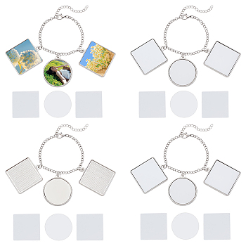 4Pcs Alloy Sublimation Blank Square & Flat Round Charms Bracelets, Brass Curb Chain Bracelets for Women, Platinum, 6-1/8 inch(15.5cm)