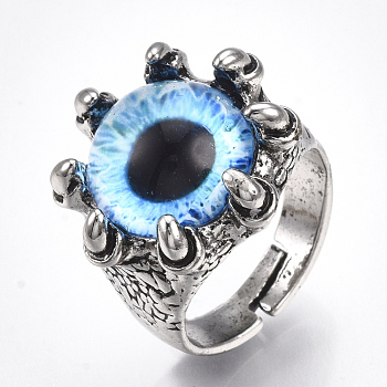 Adjustable Alloy Glass Finger Rings, Wide Band Rings, Dragon Eye, Antique Silver, Deep Sky Blue, Size 8, 18mm