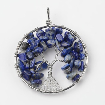 Tree of Life Natural Lapis Lazuli Big Pendants, with Brass Findings, Platinum, 63~65x49~51x8~10mm, Hole: 8~10mm