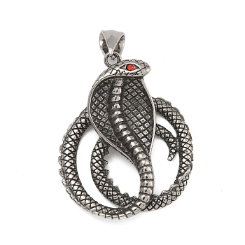 316 Surgical Stainless Steel Rhinestone Pendants, Snake, Antique Silver, 38.5x32x6mm, Hole: 4.5x9mm