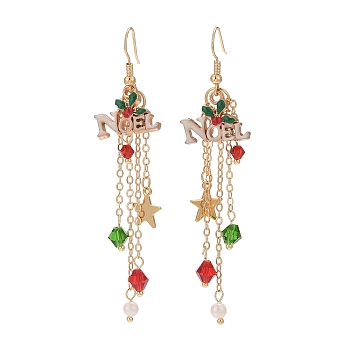 Word Noel Alloy Enamel & Glass Beads Dangle Earrings, Golden Brass Tassel Earrings for Christmas, Colorful, 80mm, Pin: 0.9mm