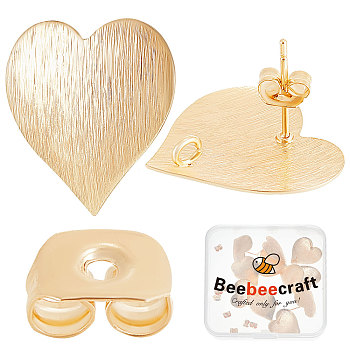 Beebeecraft 20Pcs Brass Heart Stud Earring Findings, with Vertical Loops and 20Pcs Ear Nuts, Long-Lasting Plated, Nickel Free, Real 18K Gold Plated, 19x19mm, Hole: 2.5mm