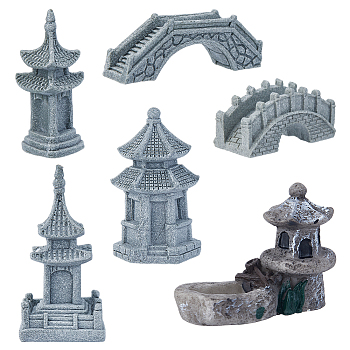 6Pcs 6 Styles Natural Gemstone & Resin Ornaments, Micro Landscape Moss Garden Decoration, Tower & Bridge, Slate Gray, 22.5~64x12~35x20.5~68.5mm, 1pc/style