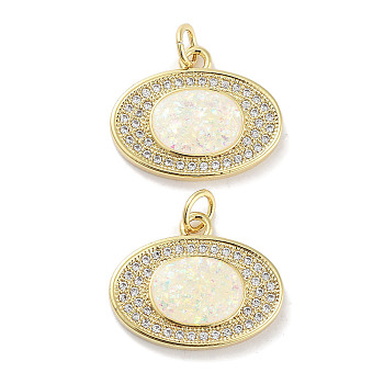Brass Micro Pave Clear Cubic Zirconia Pendants, with Synthetic Opal and Jump Rings, Real 18K Gold Plated, Oval Charms, White, 15.5x19x3mm, Hole: 3mm