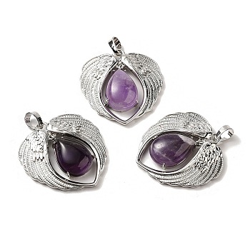 Natural Amethyst Teardrop Pendants, Wing Charms, with Rack Plating Platinum Plated Brass Findings, Lead Free & Cadmium Free, 36x34x8~8.5mm, Hole: 8x5mm