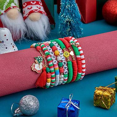 9Pcs 9 Style Word Happy Christmas Handmade Polymer Clay Heishi Surfer Stretch Bracelets Set with Acrylic Pearl(sgBJEW-SW00070)-4