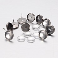 DIY Brass Ear Stud Cabochon Bezel Settings and Clear Glass Cabochons, Lead Free & Cadmium Free, Gunmetal, 12x12mm, Pin: 0.7mm(DIY-X0267-01-10mm-B-RS)