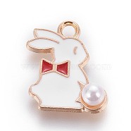 Zinc Alloy Bunny Pendants, with Enamel and ABS Plastic Imitation Pearl, Rabbit, Light Gold, Red, 16.5x13.5x1mm, Hole: 1.5mm
(X-ENAM-P163-02B)