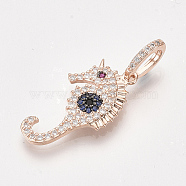 Brass Micro Pave Cubic Zirconia Pendants, Sea Horse, Colorful, Rose Gold, 23x12x2mm, Hole: 6x4mm(ZIRC-T006-42RG)