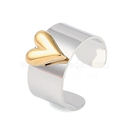 304 Stainless Steel Heart Open Cuff Rings, Wide Band Ring for Women, Real 18K Gold Plated & Stainless Steel Color, Adjustable(RJEW-C095-04P)