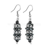 Oval Glass Seed Dangle Earrings, with Synthetic Blue Goldstone Beads, Black, 51.5x10.5mm(EJEW-MZ00147-02)