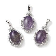 Natural Amethyst Oval Pendants, Platinum Tone Brass Micro Pave Clear Cubic Zirconia Flower Charms, Long-Lasting Plated, Lead Free & Cadmium Free, 30x19x10mm, Hole: 7.8x5mm(G-NH0025-15P-08)