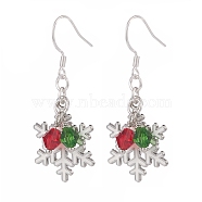 Christmas Snowflake Alloy Dangle Earrings with Glass Beads, 304 Stainless Steel Big Drop Earrings for Women, Colorful, 46.5mm, Pin: 0.7mm(EJEW-TA00077)