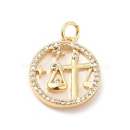 Brass Clear Cubic Zirconia with Shell Pendants, Flat Round Charms with Constellation Pattern, Golden, Libra, 17x15x3mm, Hole: 3mm(KK-G450-02G-05)
