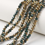 Electroplate Opaque Glass Beads Strands, Half Golden Plated, Faceted, Rondelle, Dark Green, 2x1.5mm, Hole: 0.4mm, about 195pcs/strand, 11 inch(28cm)(EGLA-A034-P1mm-O09)