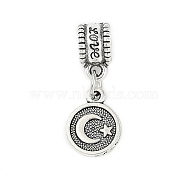 Rack Plating Brass European Dangle Charms, Flat Round with Moon Large Hole Pendants, Lead Free & Cadmium Free, Antique Silver, 24.5mm, Hole: 4.5mm(KK-R200-14AS)