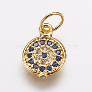 Brass Micro Pave Cubic Zirconia Charms, Flat Round, Marine Blue, Golden, 11x8x1.5mm, Hole: 3.5mm(ZIRC-E143-73G)