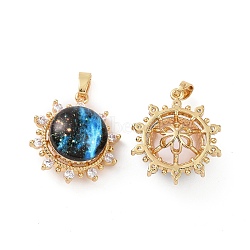 Brass Micro Pave Clear Cubic Zirconia Pendants, with Glass, Flower with Starry Sky Pattern Charms, Real 18K Gold Plated, 21x19x9.7mm, Hole: 2.5x3mm(X-KK-E068-VC466)