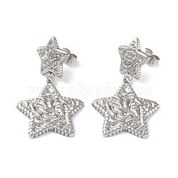 Non-Tarnish Texture Star 304 Stainless Steel Dangle Earrings, Stud Earring for Women, Stainless Steel Color, 37x22.5mm(EJEW-L283-044P)