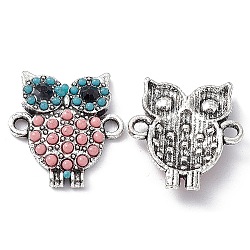 Alloy Connector Charms, Owl Links, with Jet Rhinestones and Synthetic Turquoise, Antique Silver, 18x16.5x3mm, Hole: 1.8mm(FIND-A024-10AS)