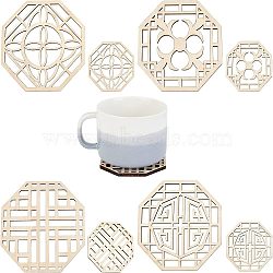 SUPERFINDINGS 8Pcs 4 Style Octagon Wooden Carved Cup Mats, Coaster Heat Resistant Pot Mats, for Home Kitchen, Antique White, 79~145x79~145x4~4.5mm, 2pcs/style(WOOD-FH0001-97)