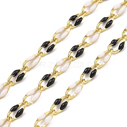 Ion Plating(IP) Brass Dapped Chains, Cable Chains with Enamel, Real 18K Gold Plated, Soldered, with Spool, Flat Oval, Black, 8.5x4x1.5mm, about 32.81 Feet(10m)/Roll(CHS-K018-14B-07)