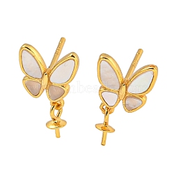 925 Sterling Silver Stud Earrings Findings, with Shell Butterfly, Real 18K Gold Plated, 14x8mm, Pin: 1x11mm(STER-B005-04G)