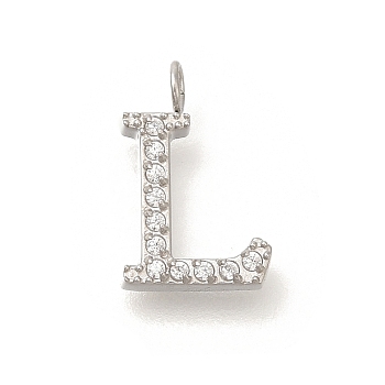 304 Stainless Steel Micro Pave Cubic Zirconia Pendants, Letter A~Z Charms, Letter L, 12.5x8x2mm, Hole: 2mm