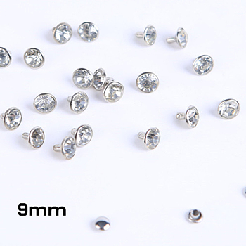 Brass Rhinestone Rivets, Caps and Studs, for Leather Craft DIY Making, Platinum, Flat Round, Crystal, Stud: 9x8.5mm, Cap: 5.5x3mm