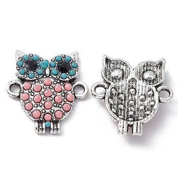 Alloy Connector Charms, Owl Links, with Jet Rhinestones and Synthetic Turquoise, Antique Silver, 18x16.5x3mm, Hole: 1.8mm