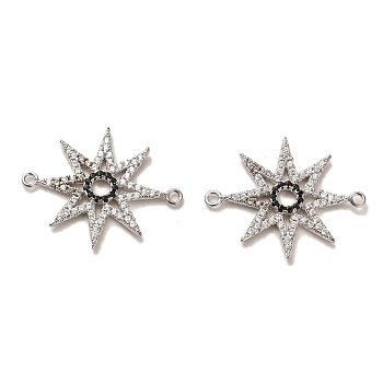 925 Sterling Silver Connector Charms, with Clear & Black Cubic Zirconia, Star with 925 Stamp, Real Platinum Plated, 19.5x23.5x1.7mm, Hole: 1.2mm