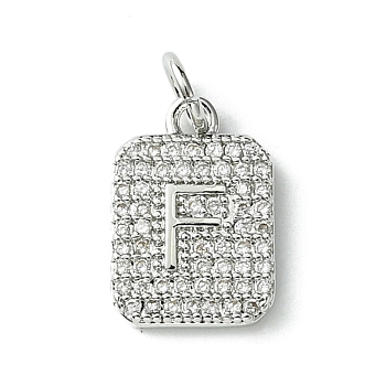 Rack Plating Brass Micro Pave Clear Cubic Zirconia Charms, Long-Lasting Plated, Lead Free & Cadmium Free, Rectangle with Letter Pattern, with Jump Ring, Platinum, Letter F, 14x9.5x2mm, Hole: 3mm