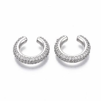 Brass Micro Pave Clear Cubic Zirconia Cuff Earrings, Nickel Free, Ring, Real Platinum Plated, 4x10.5mm
