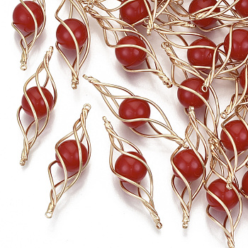 Acrylic Pendants, with Light Gold Plated Brass Wire Wire, Twist, FireBrick, 39~40x11~12x10~11mm, Hole: 1mm