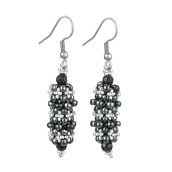 Oval Glass Seed Dangle Earrings, with Synthetic Blue Goldstone Beads, Black, 51.5x10.5mm