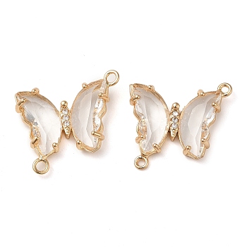 Brass Pave Faceted Glass Connector Charms, Golden Tone Butterfly Links, Clear, 20x22x5mm, Hole: 1.2mm