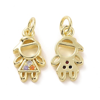 Brass Micro Pave Colorful Cubic Zirconia Pendants, with Jump Ring, Girl Charms, Real 18K Gold Plated, 15.5x9x3mm, Hole: 3.2mm