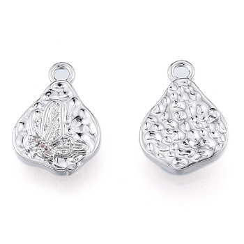 Brass Micro Pave Clear Cubic Zirconia Charms, Cadmium Free & Nickel Free & Lead Free, Textured, Teardrop with Butterfly, Real Platinum Plated, 14.5x10x2.5mm, Hole: 1.5mm