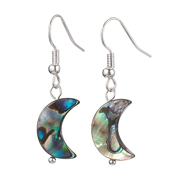 Natural Abalone Shell/Paua Shell Dangle Earring, with Iron Earring Hooks Finding, Silver, Moon, 36.5x11mm