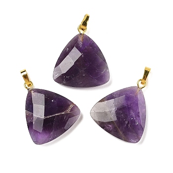 Natural Amethyst Pendants, with Brass Findings, Faceted, Triangle Charms, 23.5x21x6mm, Hole: 7x4mm