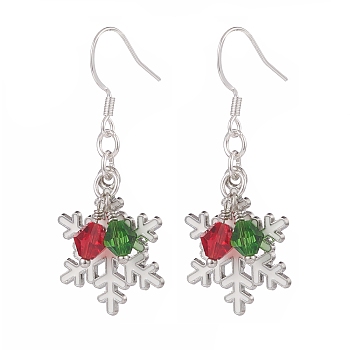 Christmas Snowflake Alloy Dangle Earrings with Glass Beads, 304 Stainless Steel Big Drop Earrings for Women, Colorful, 46.5mm, Pin: 0.7mm