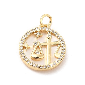 Brass Clear Cubic Zirconia with Shell Pendants, Flat Round Charms with Constellation Pattern, Golden, Libra, 17x15x3mm, Hole: 3mm