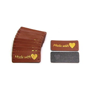 Valentine's Day PU Leather Labels, Handmade Embossed Tag, with Holes, for DIY Jeans, Bags, Shoes, Hat Accessories, Rectangle with Word Made with Love, Saddle Brown, 50x20mm