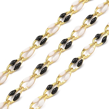 Ion Plating(IP) Brass Dapped Chains, Cable Chains with Enamel, Real 18K Gold Plated, Soldered, with Spool, Flat Oval, Black, 8.5x4x1.5mm, about 32.81 Feet(10m)/Roll