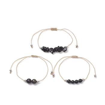 3Pcs 3 Style Natural Obsidian Braided Bead Bracelets Set, Nylon Thread Adjustable Bracelets for Women, Inner Diameter: 3-3/8 inch(8.5cm), 1Pc/style