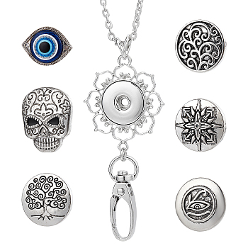 DIY Pendant Necklace Making Kits, Including Eye & Tree & Skull Alloy Snap Buttons & Snap Pendant Making, 304 Stainless Steel Cable Chains Necklaces, Antique Silver & Stainless Steel Color, 8Pcs/box