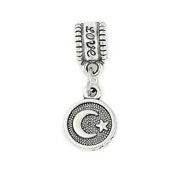 Rack Plating Brass European Dangle Charms, Flat Round with Moon Large Hole Pendants, Lead Free & Cadmium Free, Antique Silver, 24.5mm, Hole: 4.5mm