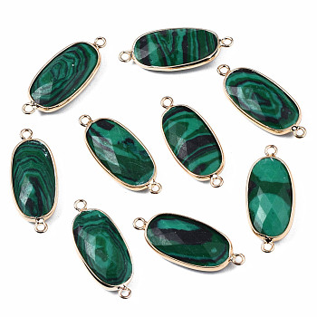 Synthetic Malachite Link Connectors, with Golden Plated Brass Edge and Loop, Faceted, Oval, 27~28x11.5x5mm, Hole: 1.5mm